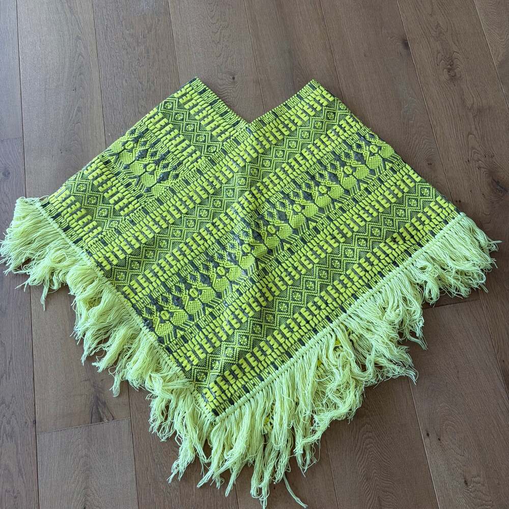 Boho Retro Woven Fringe Poncho Chartreuse Charcoal Geometric One Size